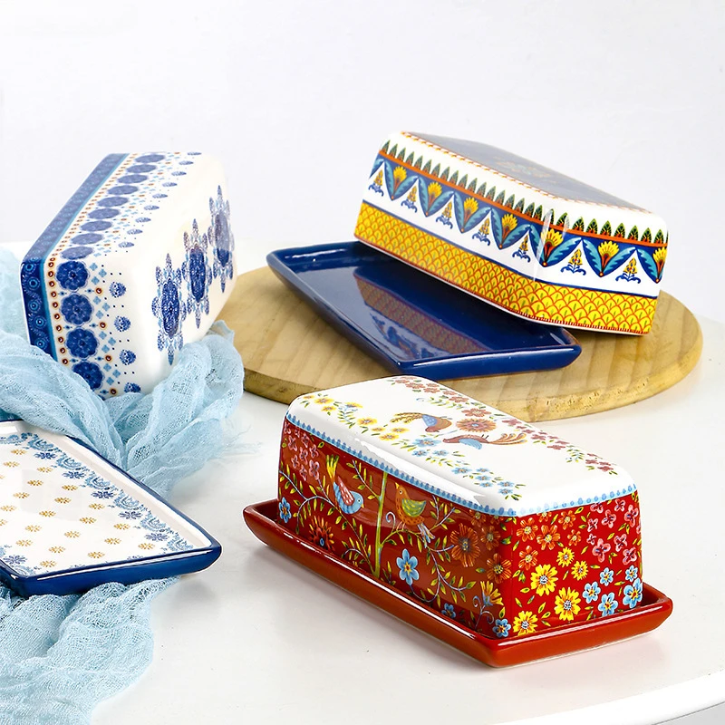 Ceramic Yellow Oil Pan with Cover Creative Hand-painted Pattern Butter Box Square Dim Sum Dish Household Tableware