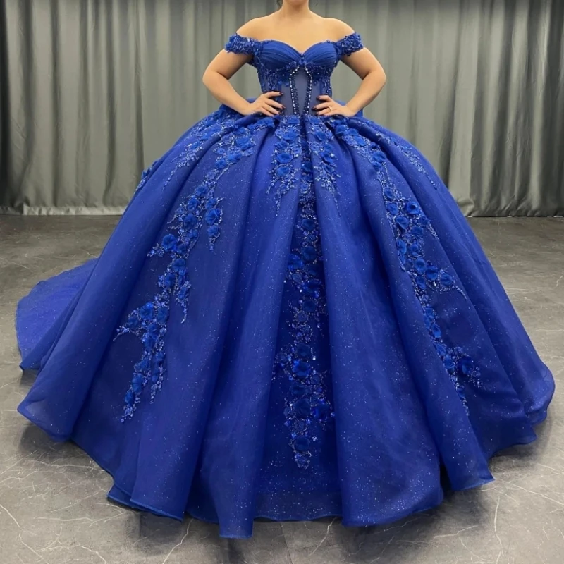 

Royal Blue Shiny Quinceanera Dresses Off Shoulder Vestidos De 15 Años Applique Lace Flower Beading Crystal Bow Tull Birthday