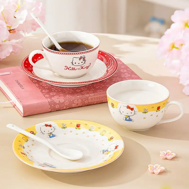 

Kawaii Hello Kitty Sanrio Студенческая милая мультяшная керамическая кофейная кружка, чашка для послеобеденного чая, тарелка, чашка для молока, рождественские подарки для детей