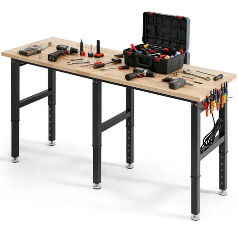SucceBuy 5000 lbs Adjustable Workbench 72/96 x 24in Oak Wood Top Workstation with 4 AC Outlets Hardwood Worktable for Garage