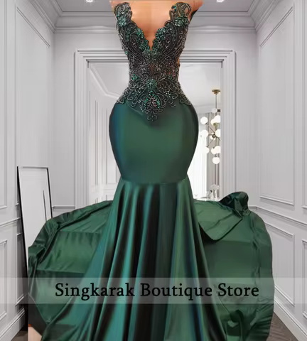 Elegant Emerald Green Rhinestone Mermaid Evening Dress Black Girl Beads Formal Pageant Prom Gown Customized