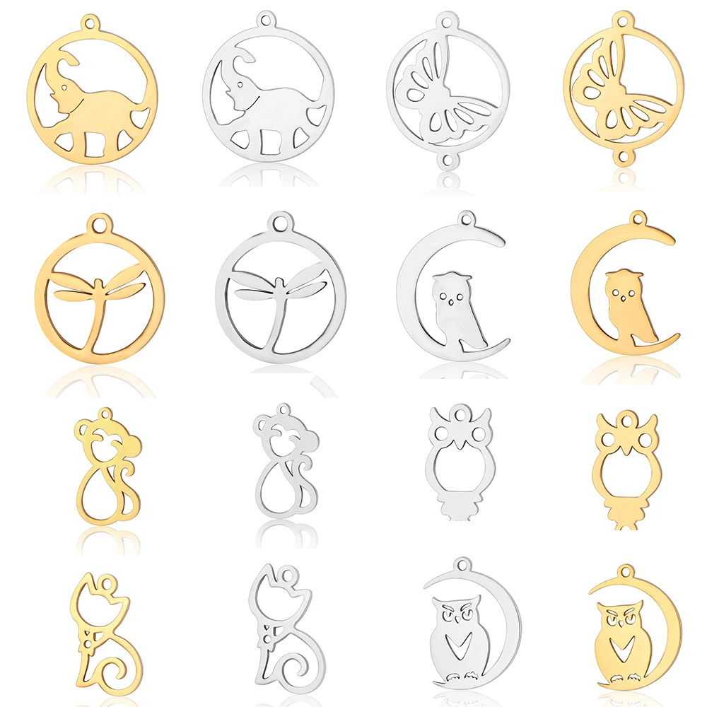 5pcs/lot Night Owl On Moon DIY Charms Wholesale 316 Stainless Steel Cat Kitty Pendant Dragonfly Bird Elephant Connectors Charm