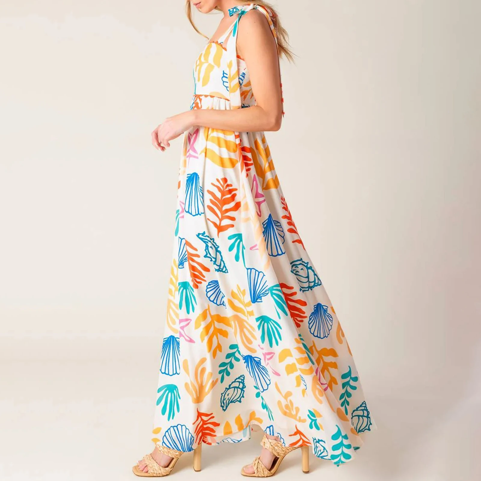 ผู้หญิงชุดยาวเปลือก/ดอกไม้พิมพ์ Tie-Up สายรัด Cami ฤดูร้อน Beachwear สีสวยสําหรับ Streetwear วันหยุด