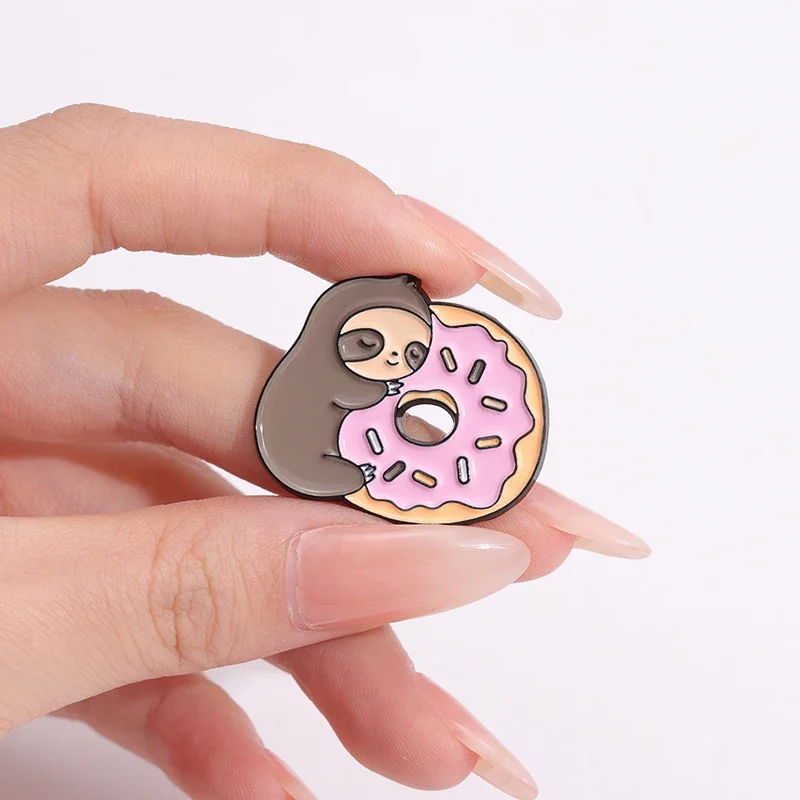 Lazy And Cute Sloth Enamel Pin Sloth Coffee Donut Dessert Lapel Badge Backpack Clothes Cartoon Decorative Metal Brooches Jewelry