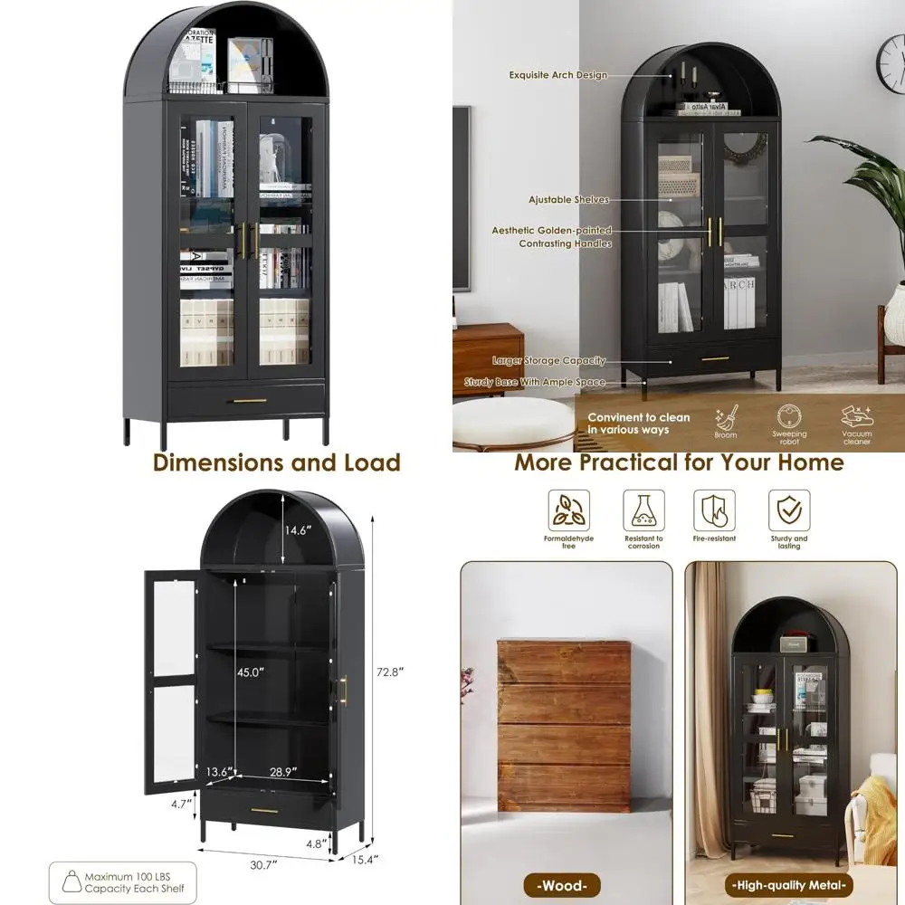 

Elegant Metal Arched Cabinet with Glass Door, Display Pantry Cabinet, Modern Farmhouse Style Bookcase featuring One Drawer and T
