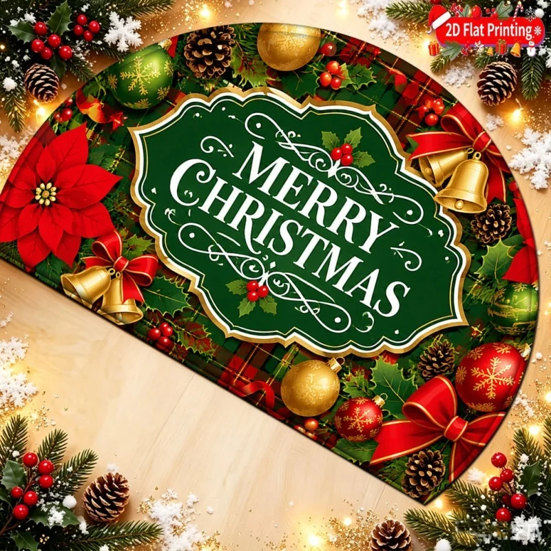 Christmas Snowman Elf Half Round Doormat, Winter Holiday Printed Entry Mat, Front Door Home Decor