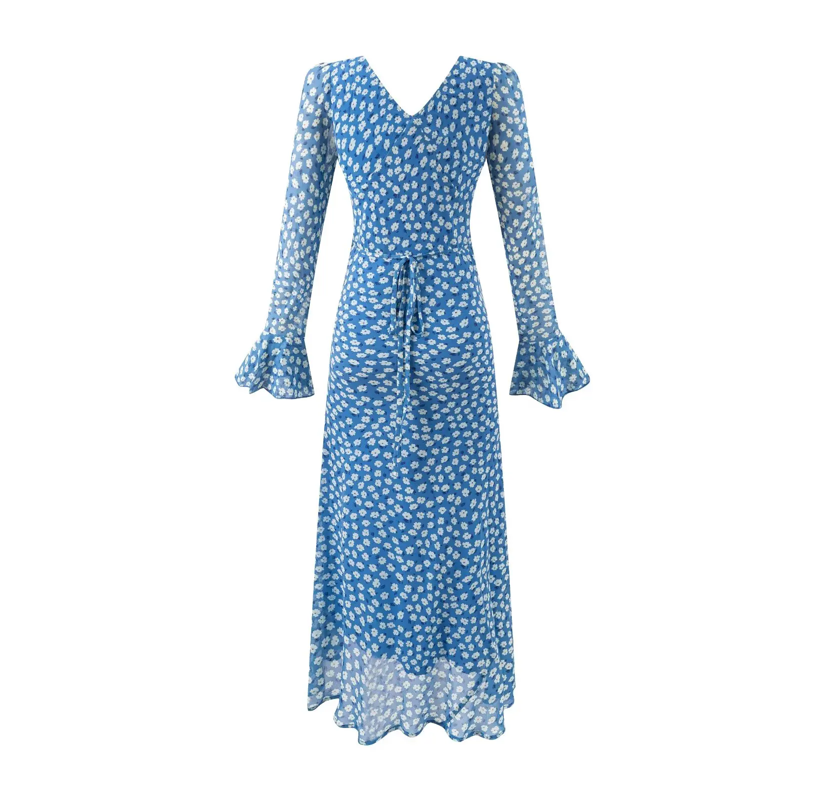 เดรสยาวพิมพ์ลายดอกไม้สีน้ำเงินเรโทรปี 2025 แขนยาวบานทรงเอวผูกโบว์ผูกเชือกยาวคลุมข้อเท้า ผ้าชีฟอง