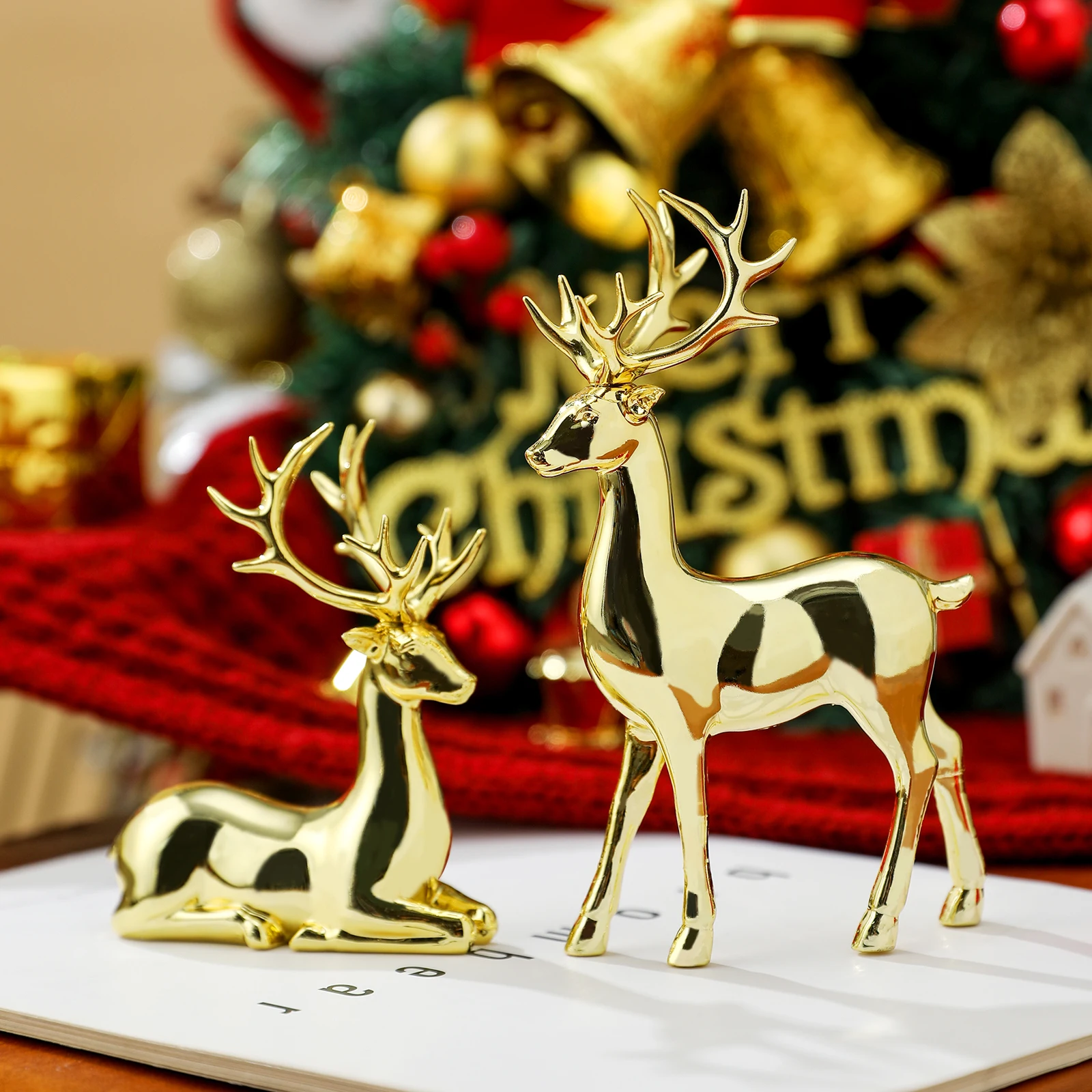 【セール中】2個 クリスマス トナカイ デコレーション 樹脂製 立っている/座っている鹿の置物 トナカイ クリスマス飾り 家庭用 室内 クリスマス休暇用