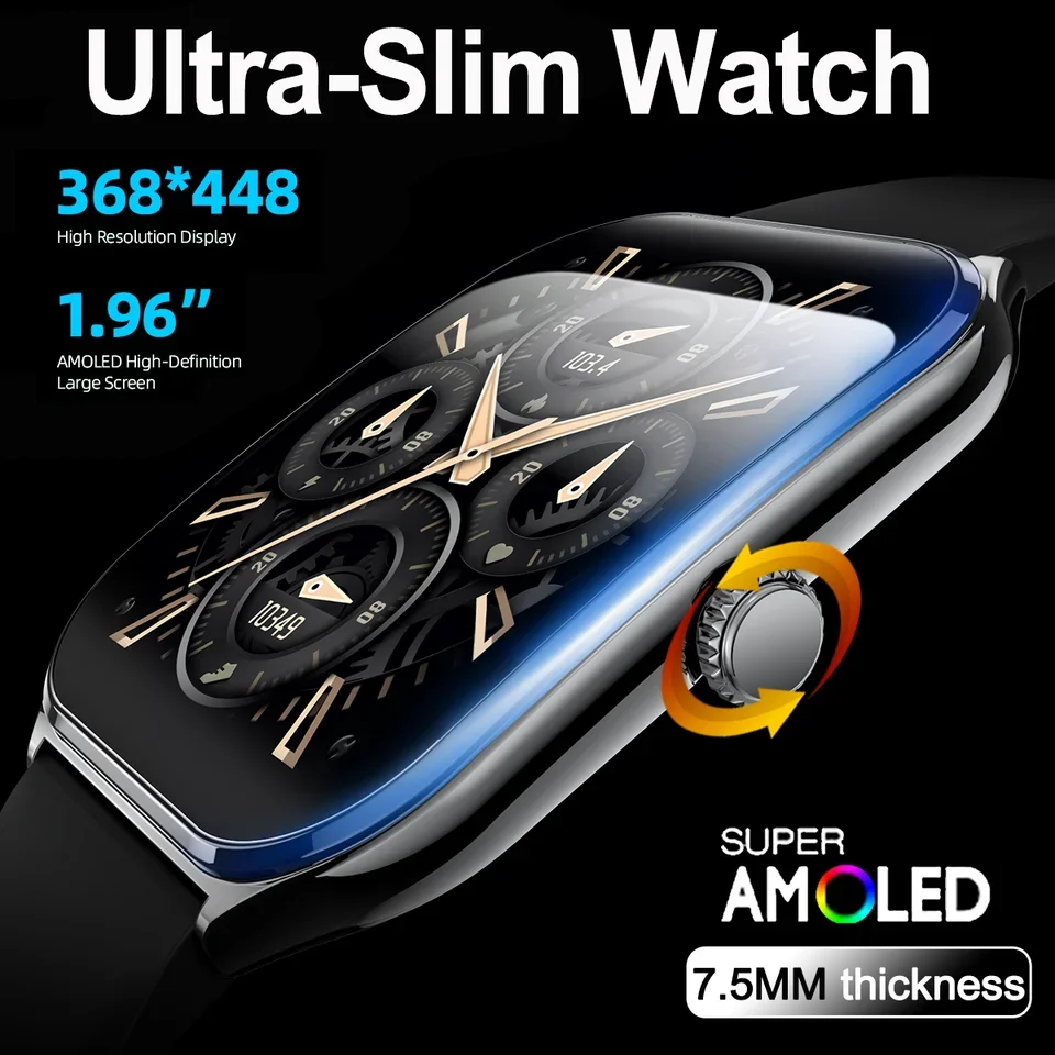 

New Ultra Thin Smart Watch 1.96-inch HD AMOLED Curved Display Always Show Time BT Call Heart Rate Sport mode man Ms Smart watch