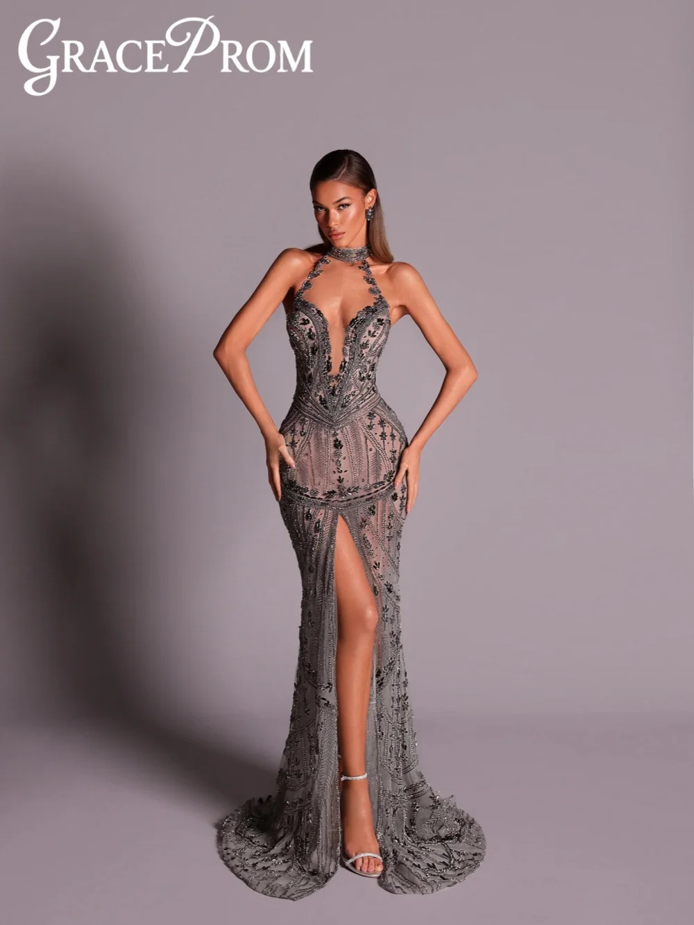 

Hand-sewn Beaded Crystal Evening Dress With Slit Exquisite Halter Mermaid Wedding Party Gown Customized Sleeveless Prom Dresses