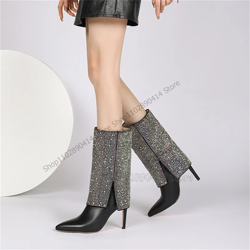 Colorful Rhinestone Turned Over Pointed Toe Boots Slip On Women Shoes Thin High Heels New Fashion Party 2023 Zapatos Para Mujere