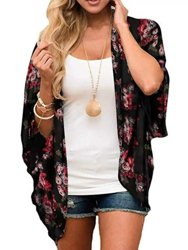 Women's Floral Printed Chiffon Cardigan Tops Short Sleeve Loose Beach Wear Cover Up Blouse Top Female Summer Sunscreen Clothing