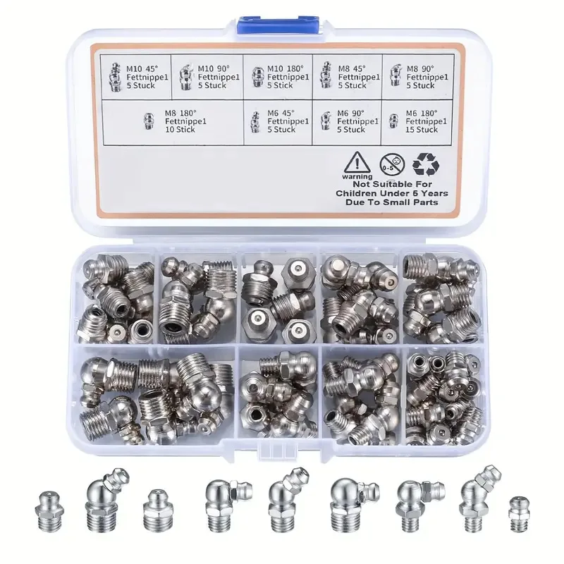 60pcs Metric Grease Fitting Assortment M6 M8 M10 Vehicle Nozzle Fuel Set Auto Parts Angle Metal Hydraulic Grease Fittings