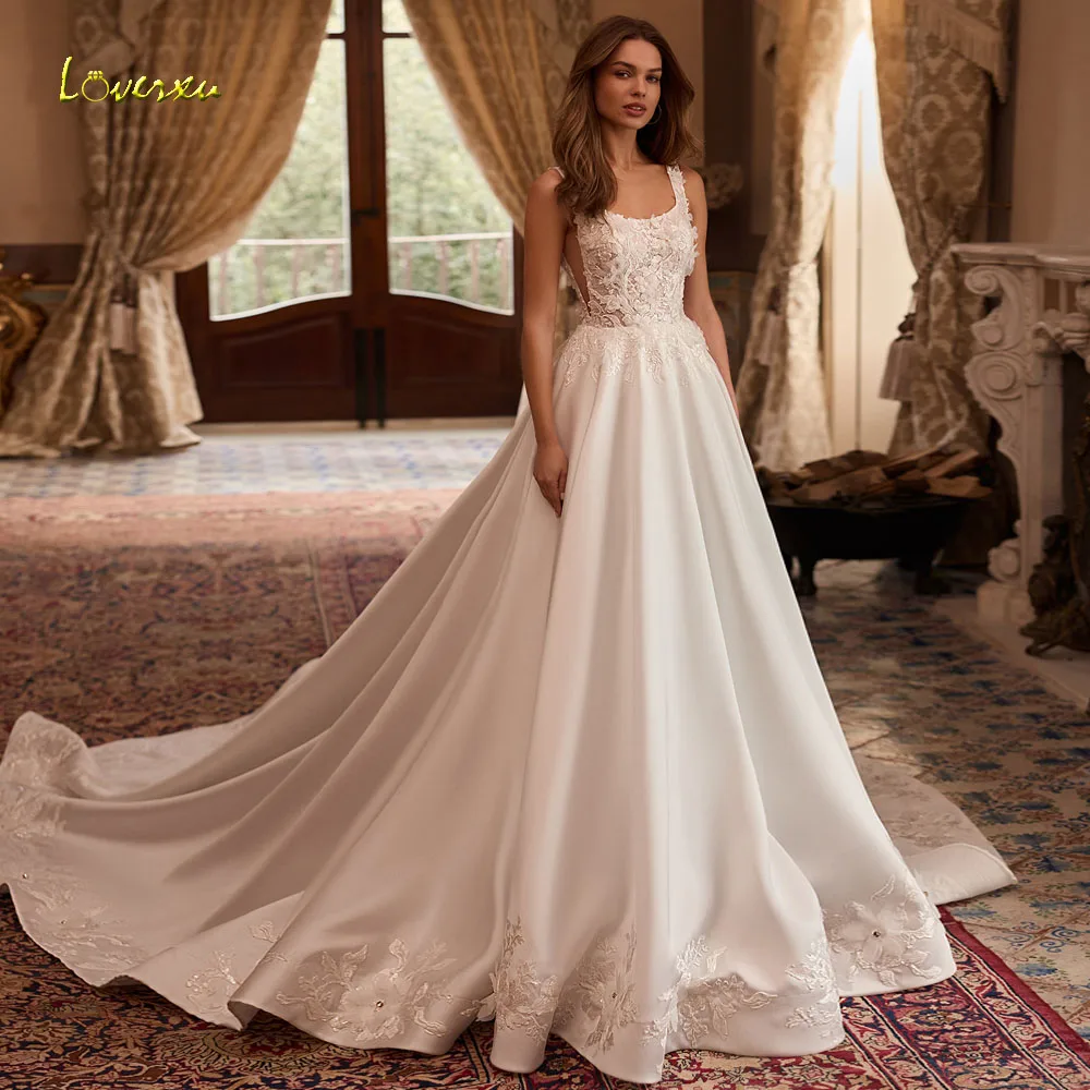 

Loverxu A-Line Delicate Wedding Dresses Boat Neck Vestido De Novia Lace Appliques Matte Satin Chic Custom Made Bridal Gown