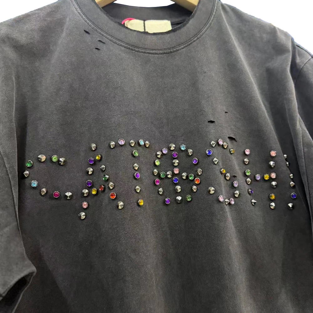 Summer Streetwear Y2k Rhinestones Letter Graphic T Shirts Hip Hop Street Style Cotton Casual Distressed Ripped Short Sleeve Tees