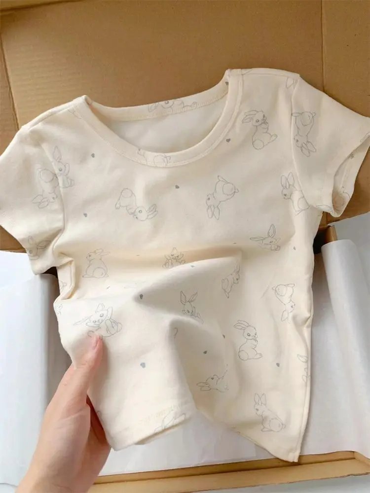 Pure Cotton Front Shoulder Short-sleeved T-shirt for Women in Summer New Sweet Slim Short Slim Top