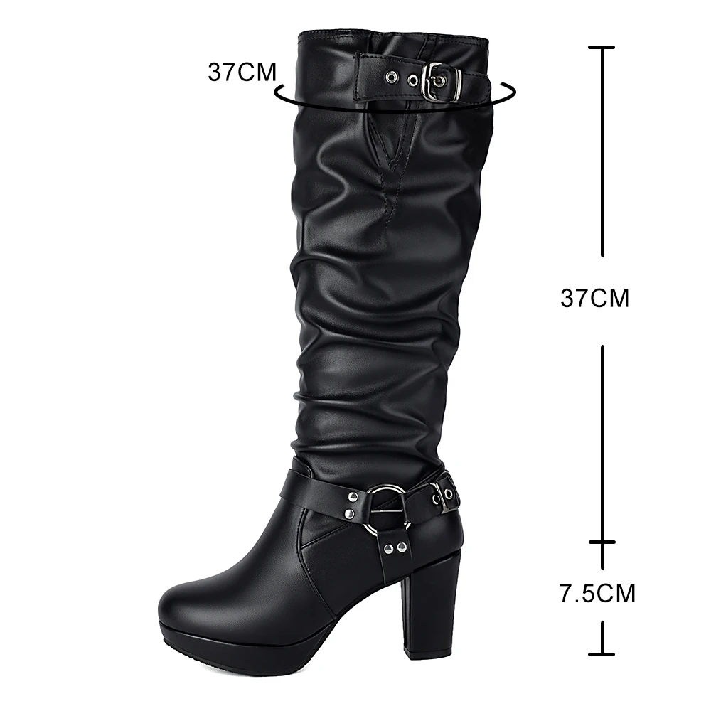 Women Pleated Platform High Heel Boots Winter Fashion Buckle Strap Zipper Knee High Boots Females Shoes Ladies Long Boots - Image 5