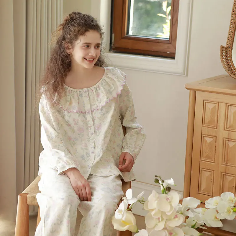 

Винтажный пижамный комплект во французском стиле с цветочным принтом, женская одежда для сна с рюшами и воротником, Cottagecore, 100% хлопково-марлевая домашняя одежда, комплект из 2 предметов