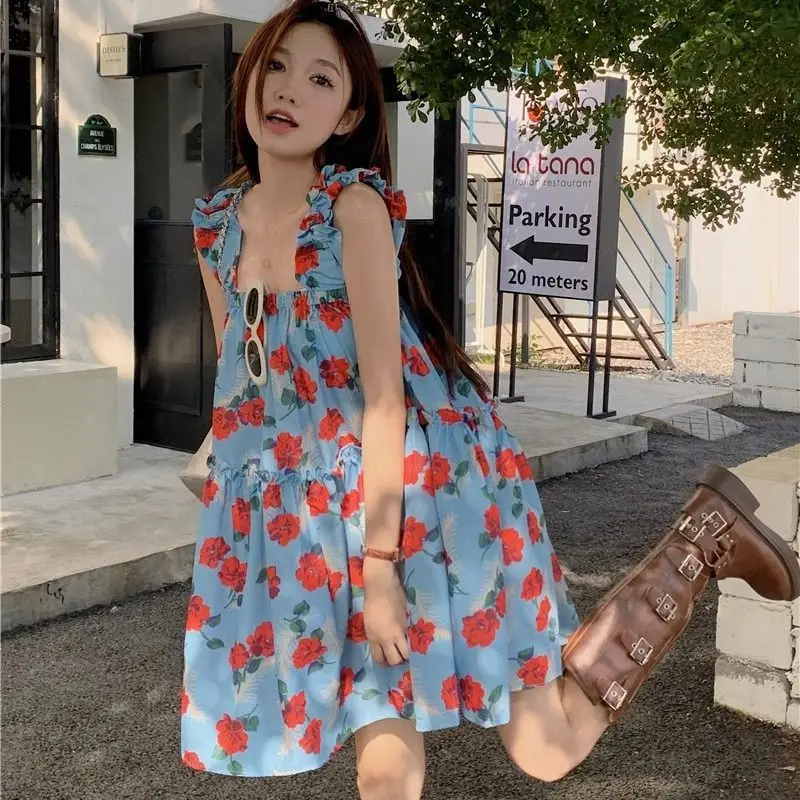 

Summer New Women's Printed Camisole Dress Loose Vintage Casual Short A-line Skirt