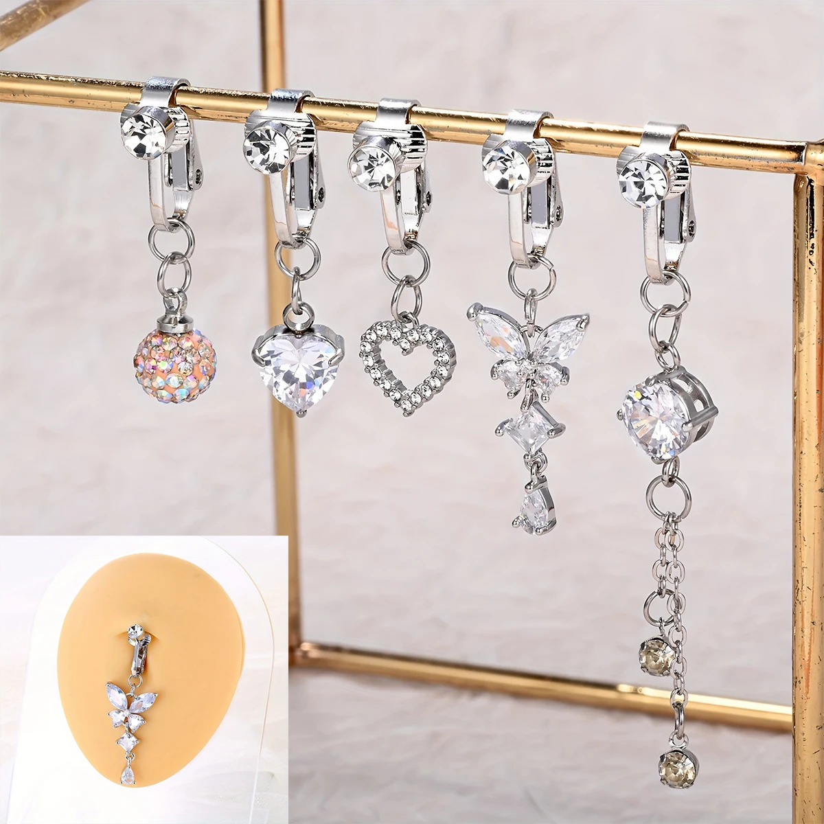 5PCS Rhinestone Heart Butterfly Dangle Non Piercing Stainless Steel Navel Clips,Fake Belly Button Rings,  Navel Jewelry For Men