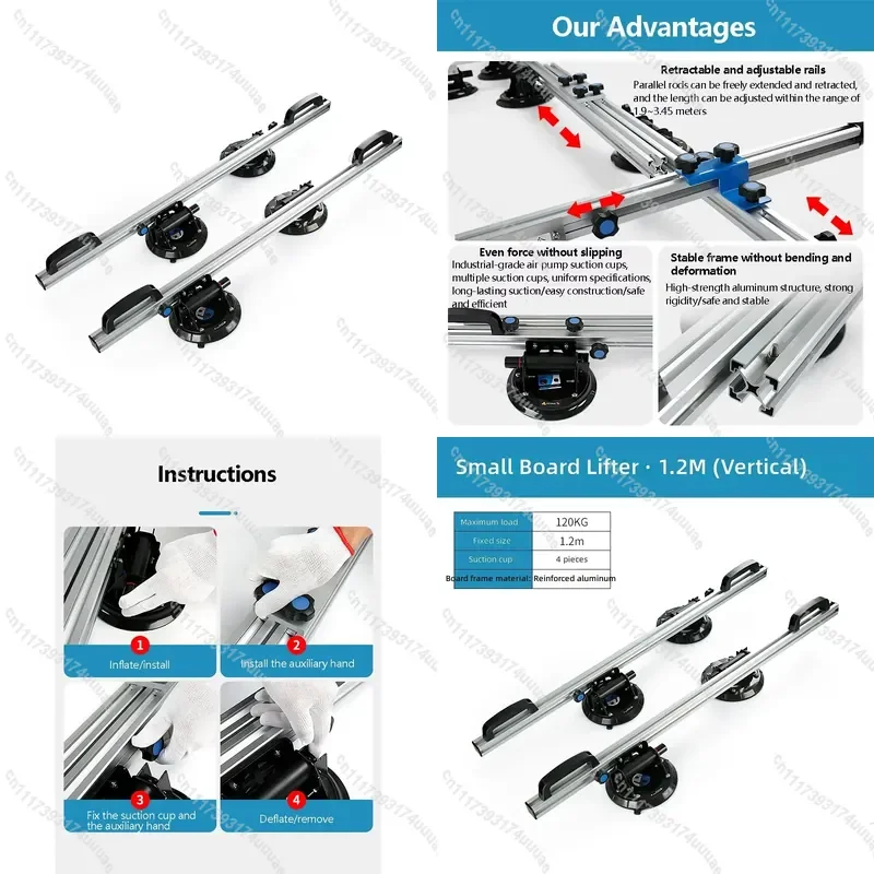 Tile Suction Cup Lifting Frame Heavy Duty Glass Stone Ceramic Handling Tool for Installation Transport Large Panel Mover