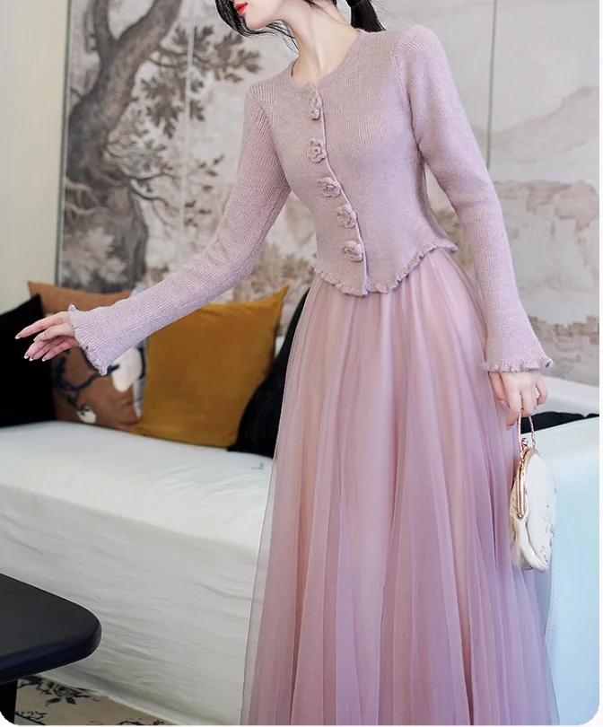 Французский романтический фиолетовый трехмерный вязаный топ с длинными рукавами и цветочным принтом, осенняя модная газовая универсальная юбка с высокой талией для девочек