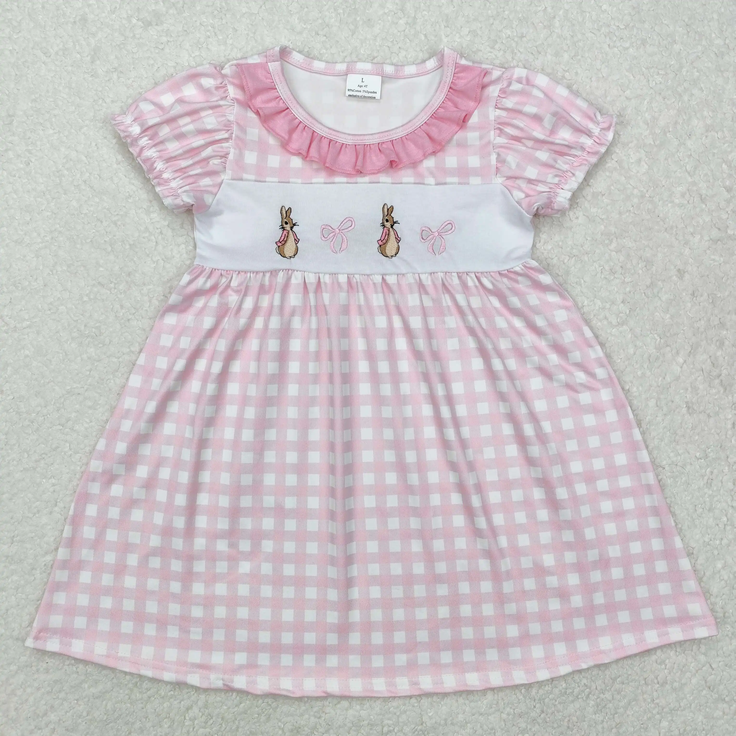 

New rts Easter Dresses baby Girls Wholesale Boutique Embroidery Easter Bunny Bow Pattern Pink Plaid Short sleeves dress