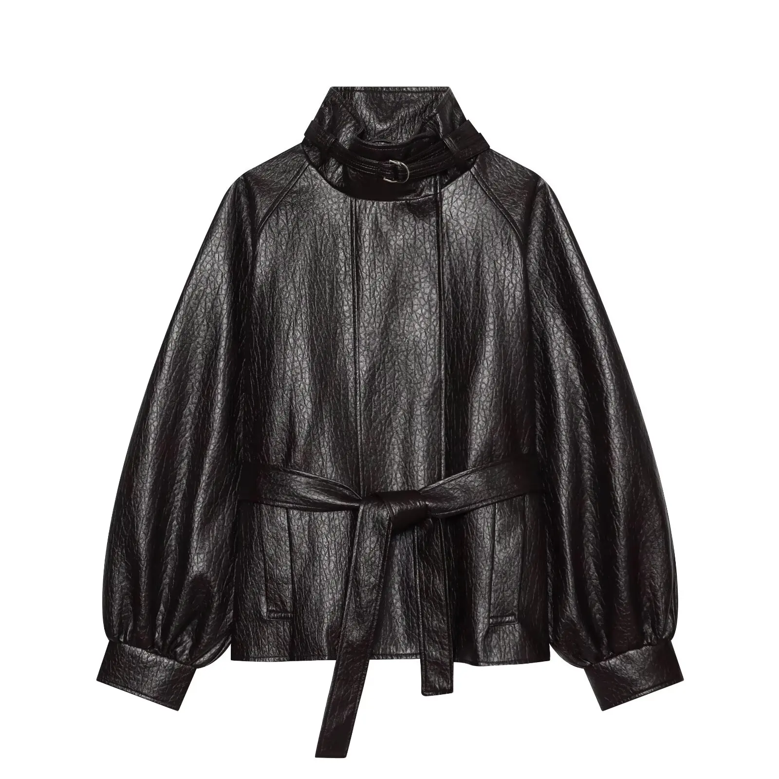 BSAY Vintage Einfarbige Kunstlederjacke für Damen, Neuer Stehkragen mit Halsriemen, Schnallen-Gürtel an der Taille, Laternenärmel, Lässiger Außenmantel – Detail 2