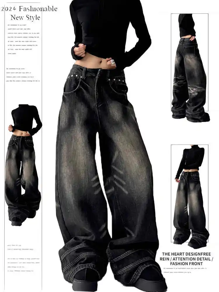 

Women's Black Gothic Jeans Vintage Harajuku Y2k Emo Baggy Jean Pants Japanese 2000s Style Oversize Grunge Denim Trousers Clothes