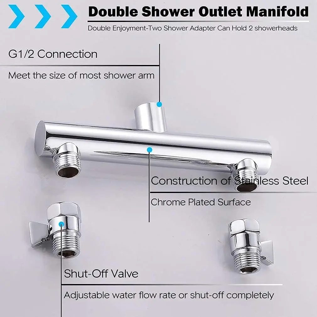 Imagem -04 - Cabeça de Chuveiro Dupla com Manifold Shut-off Válvula Braço de Chuveiro Dual Shower Heads Combo Grupo Chuveiro Pulverizadores Funções Qualidade Superior