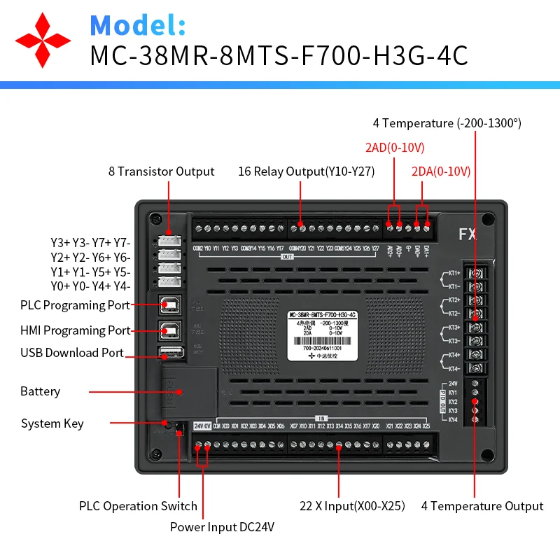 7'' PLC HMI All in One 22In 16Out, Built-In 4AD 2DA, 4 K Type thermocouple  / 4 PT100, 4 Axis for Stepper or Servo