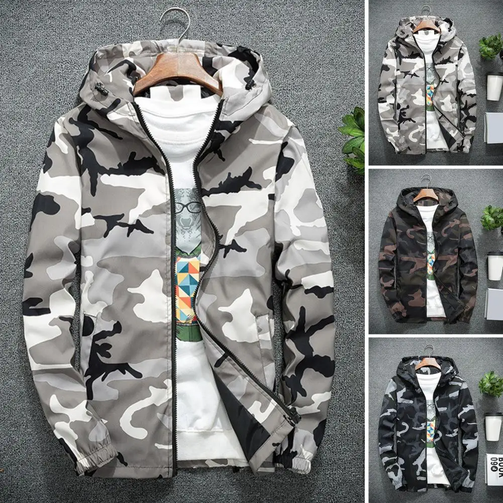 Men Winter Coat Camouflage Zipper Long Sleeves Jackets Soft Cold-proof Hooded Spring Coat Men's Clothing For Outdoor