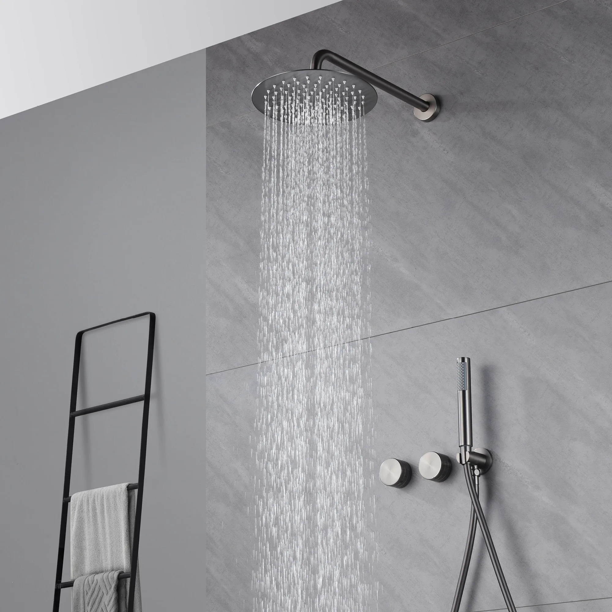Système de douche de salle de bain en laiton gris, pistolet de luxe, conception cachée, double poignée, froid et chaud, double commande, ensemble de