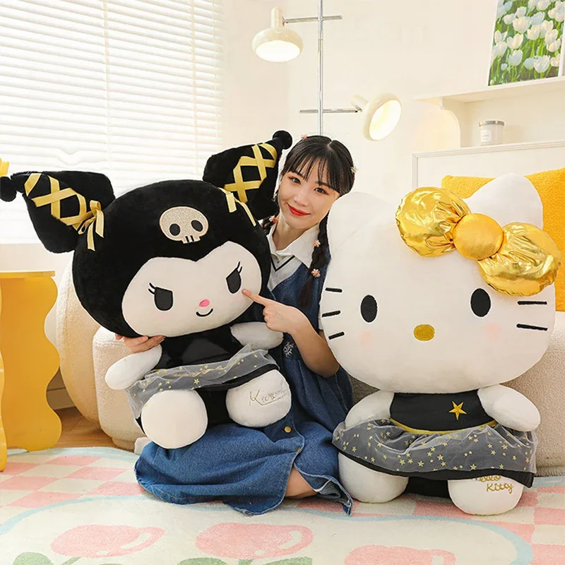

60cm Sanrio Kawaii Black KT Cat Plush Toy Anime Hello Kitty Stuffed Doll Melody Large Size Kids Birthday Xmas Gift Wholesale