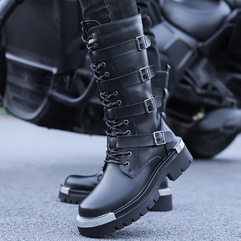 Men High Top Motorcycle Boots Metal Anti Kick Design Thick Sole Personalized Belt Buckle European American Fashion Boots