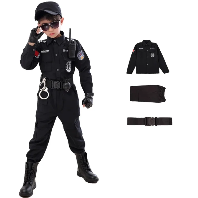 子供のためのハロウィーンの警官のコスプレスワットコスチューム,子供のためのカーニバル警察のユニフォーム,軍隊の警官の兵士,110-160cm, 7個のセット