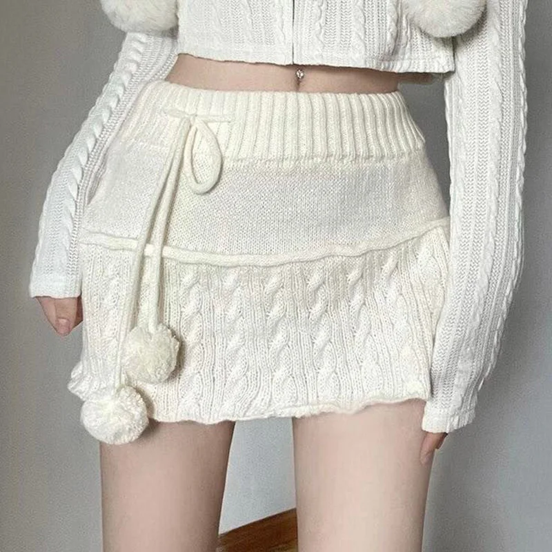 

Women's Knitted Mini Skirt with Pom Pom Cable-knit Sweater Skirts Miniskirt Y2K Soft Girl Christmas Outfit