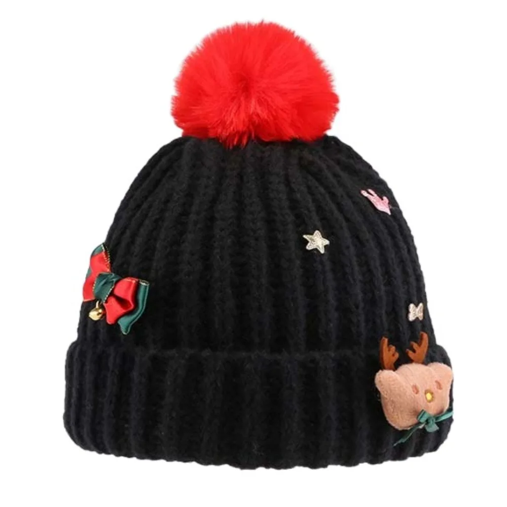 

Fashion Soft Christmas Plush Cap Warm Elk Deer Red Knitted Woolen Hat Cartoon Small Bell Thickened Brimless Cap Winter