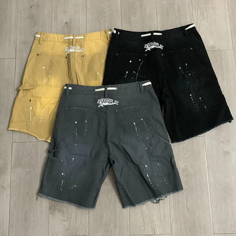 New Rough Play Men Women Street Casual Shorts Vintage Arch Logo Print Splash Ink Ripped Raw Edge Shorts