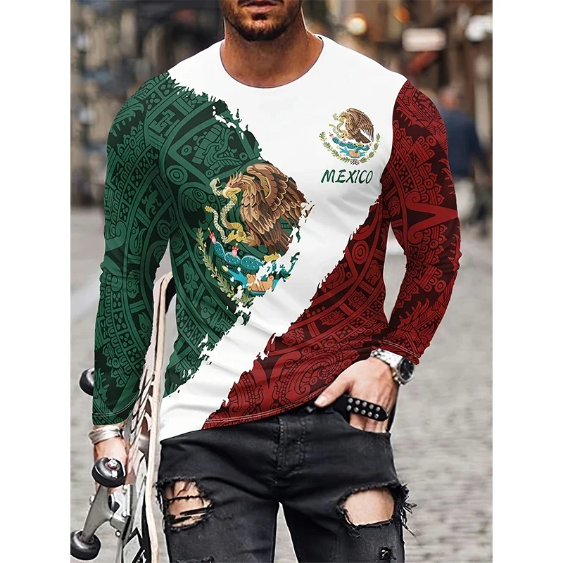 Mens Mexico T Shirt Mexican Flag National Emblem Patriotic Long Sleeve Casual Summer Athletic Fans Tee Quick Dry Breathable Top
