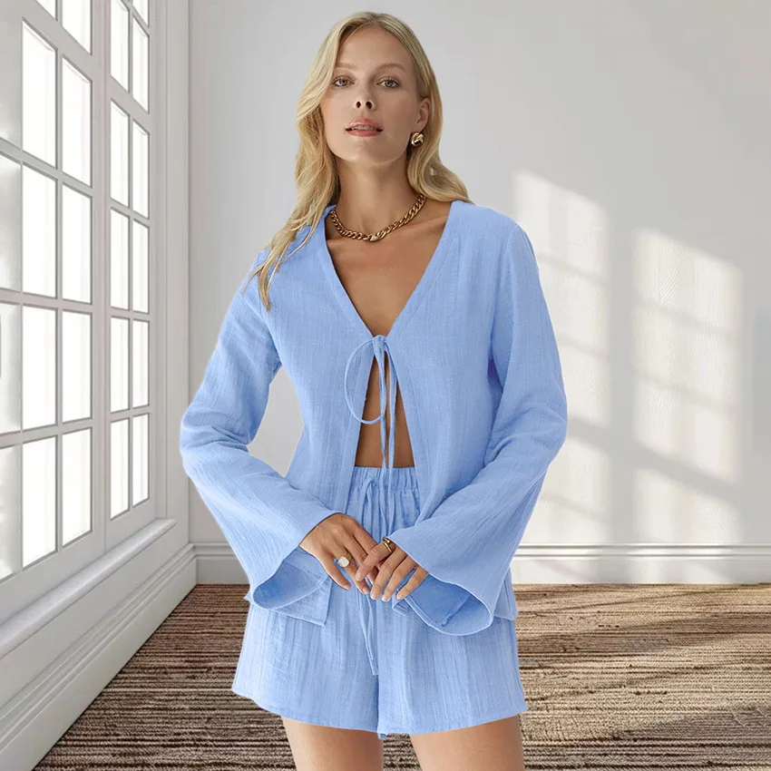 New Summer Casual Shorts Two-piece Set Women Loose Hollowed Out Top Simple Office Lady Female Shorts 2 Piece Sets Womens Outfits