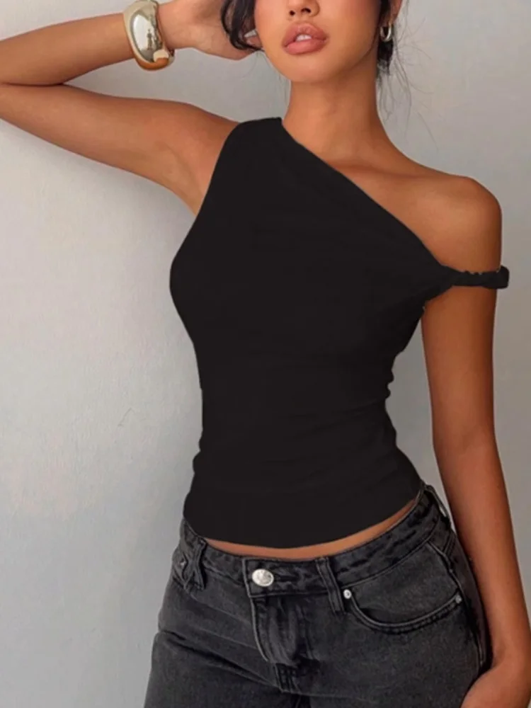2025 Spring/Summer New Off-Shoulder Asymmetric Tailored Short Vest, Solid Color Shoulder-Baring Slim Fit Sleeveless Women's Top