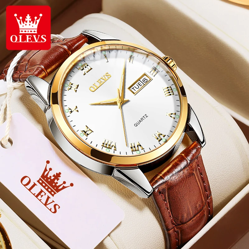 Olevs-メンズスポーツウォッチ,メンズスポーツウォッチ,レザーストラップ,デュアルカレンダーディスプレイ,5568