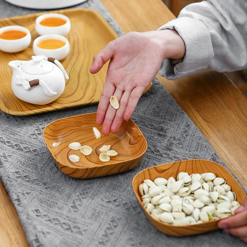 5Pcs Plastic Snack Plate Imitation Wood Cake Trays Sushi Breakfast Dried Fruit Dish Bone Spitting Dish Tableware Serving Plate