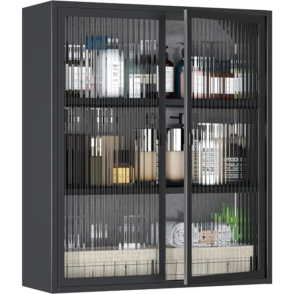

Bathroom Wall Cabinet with Glass Doors, Metal Medicine Cabinet with LED Light, Over The Toilet Storage Cabinet for Laundry Room
