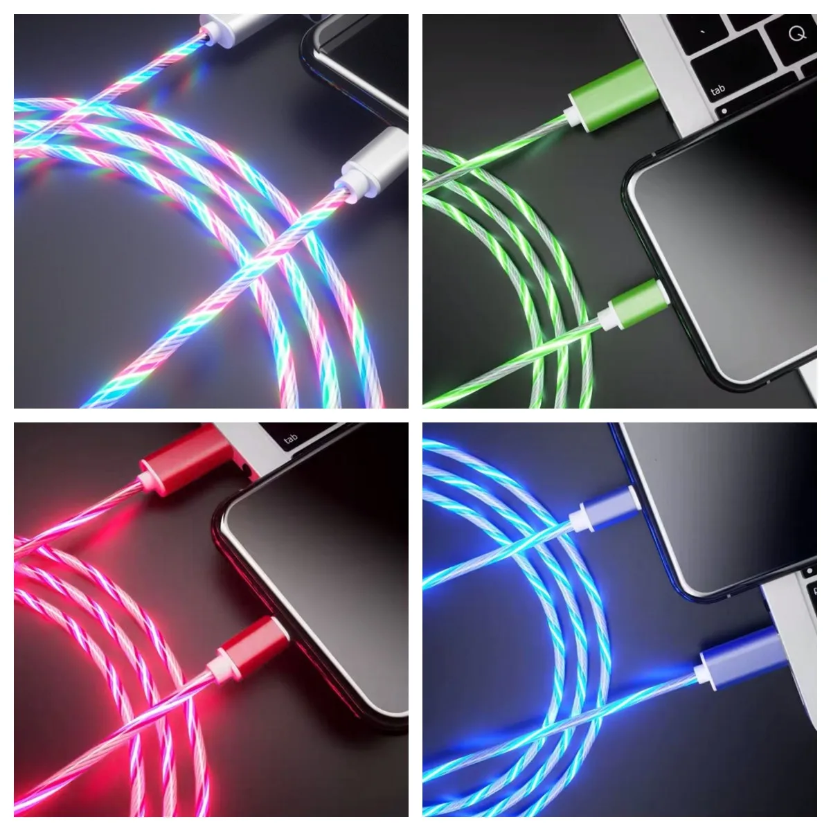 1Pc Colorful Flowing Charger Cable LED light Fast Charging Luminous Cables 1M LED USB C Wire Data Line Mobile Phone Accessories