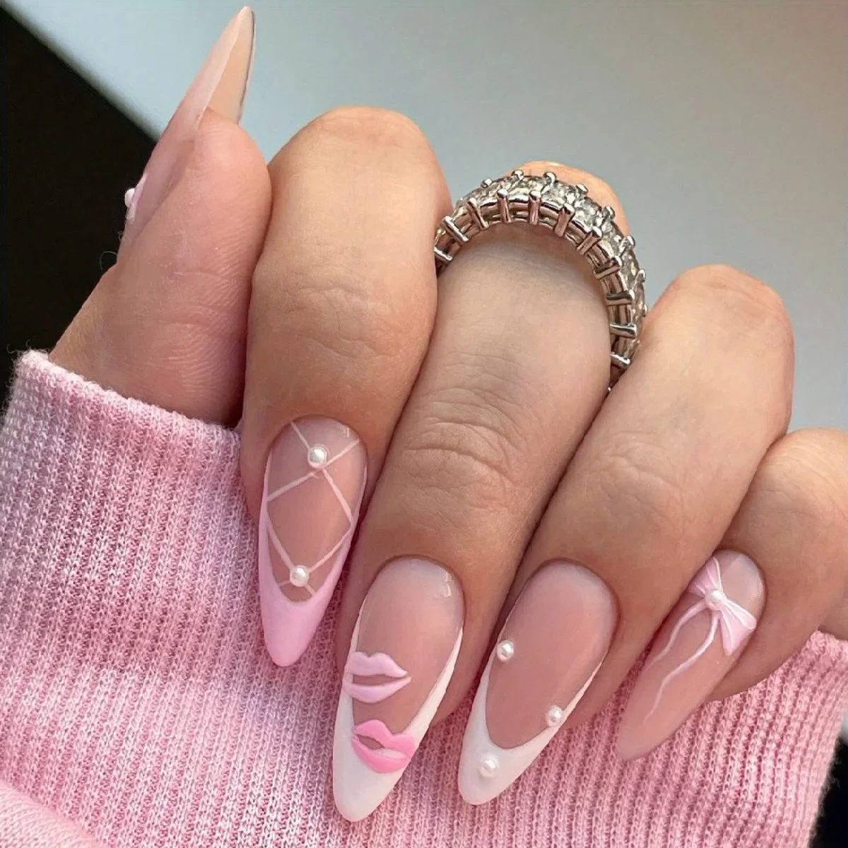 24Pcs Nude Pink Balletcore Almond Press-On Nails, French with Lip, Bow & Pearl Accents Fake Nails for All Occasions