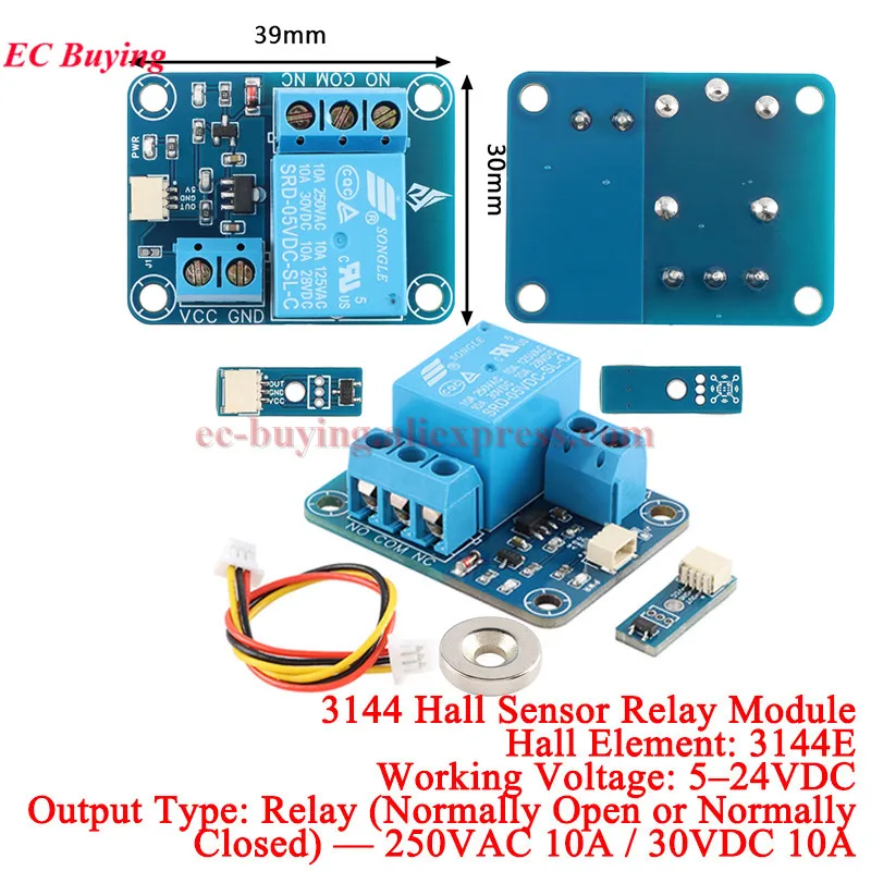 3144E Hall Sensor Relay Magnetic Induction Control Door Switch Module 5-24VDC Relay Normally Open Closed 250VAC 30VDC 10A NO NC
