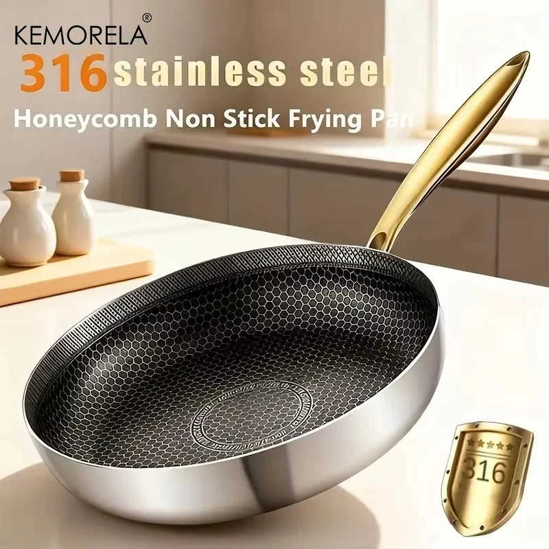 316 Stainless Steel Frying Pan Non-Stick Wok Honeycomb Skillet Home Steak Skillet Gas Stove Pot Induction Kitchen Cookware