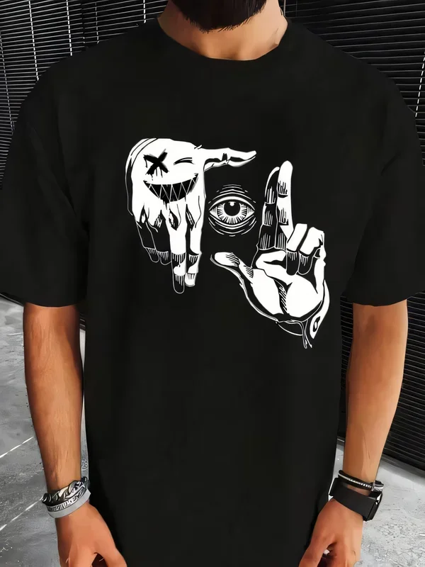 Surreal Eye Graphic Print Black T-Shirt Men's Short Sleeve Cotton Tee Streetwear Artistic Hand Gesture Tops Hip Hop Fashion Bracelet Man